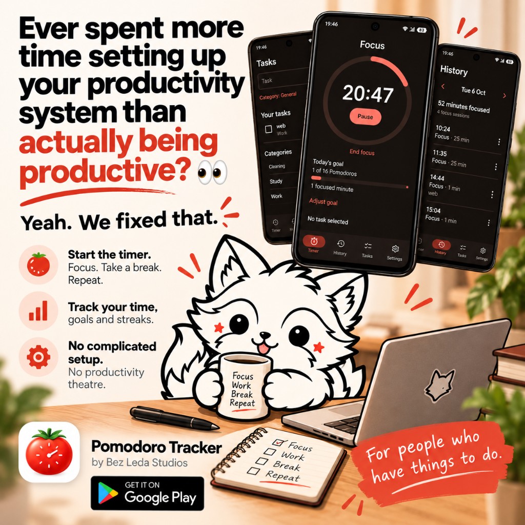 Pomodoro Tracker poster showing the Tasks, Focus, and History screens.